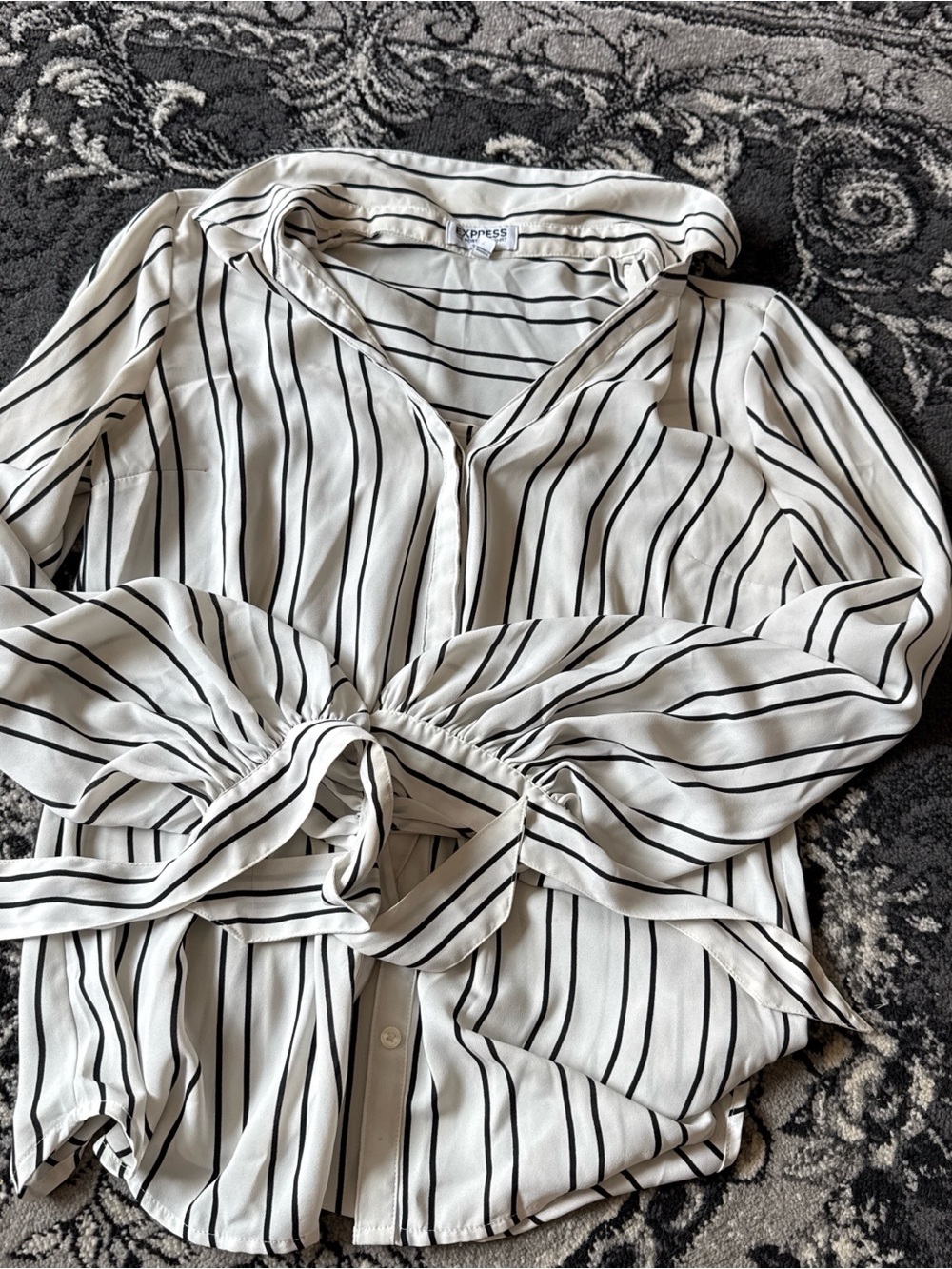 Express Black & White Vertical Stripe Tie-Waist Shirt